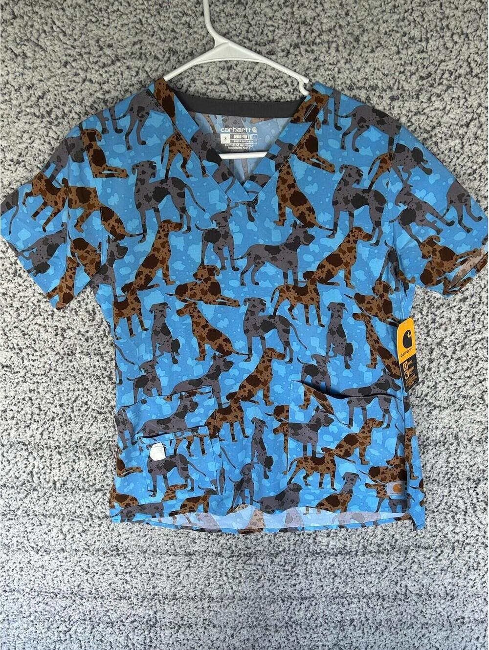 Carhartt Women's Small Force Cross-Flex V-Neck Top Animal Dog Print MT2114-W NWT